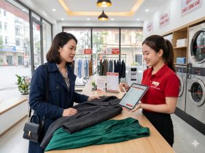 Nhân viên Giặt sấy Hoàn Mỹ đang tư vấn và báo giá giặt khô là hơi Hạ Long chi tiết cho khách hàng.