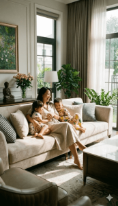 Khách hàng hài lòng vui đùa cùng con cái trên ghế sofa sạch khuẩn sau khi thuê dịch vụ Nhà sạch Hạ Long 24h.