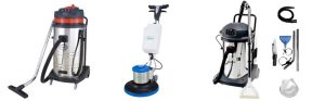 Bộ máy móc giặt thảm công nghiệp và thùng hóa chất giặt thảm nhập khẩu có tem mác rõ ràng.