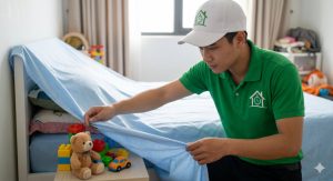 Nhân viên Nhà Sạch Hạ Long 24h che phủ đồ đạc trước khi phun muỗi