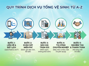 Infographic mô tả 5 bước quy trình dịch vụ tổng vệ sinh trọn gói từ A-Z: Liên hệ đặt lịch (Zalo/Hotline), Khảo sát miễn phí, Báo giá minh bạch, Thi công chuyên nghiệp và Nghiệm thu thanh toán.