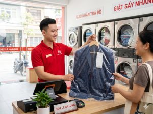 Quy trình trả đồ giặt là Hạ Long chuyên nghiệp, quần áo được bọc cẩn thận tại tiệm Giặt sấy Hoàn Mỹ.