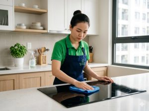 Nhân viên vệ sinh đang sử dụng khăn sạch lau chùi vết dầu mỡ trên tường bếp trong gói dọn nhà theo giờ Hạ Long.